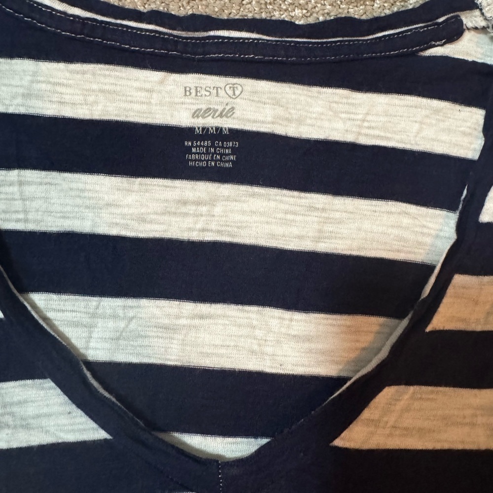 Aerie Navy & White Striped V-Neck Pocket Tee Size Medium - Picture 3 of 5